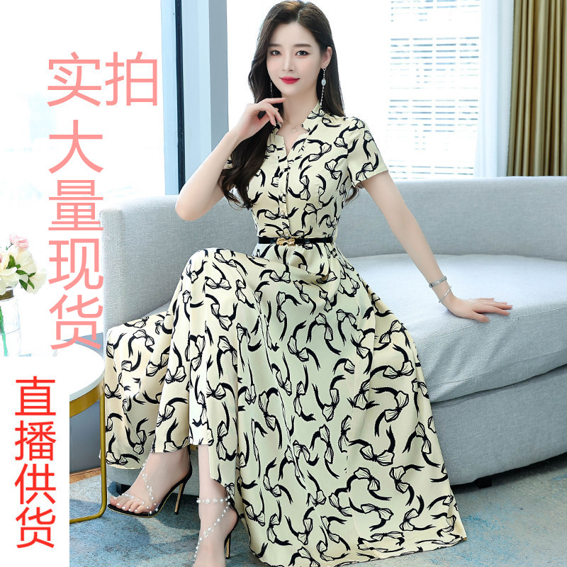 MY6919# 夏季新款醋酸缎面短袖印花连衣裙显瘦洋气遮肚女装女裝貨源服裝批發
