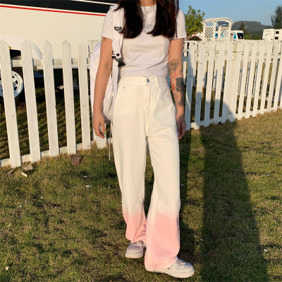 夏季渐变直筒牛仔裤高腰宽松显瘦欧美辣妹风扎染粉色裤子