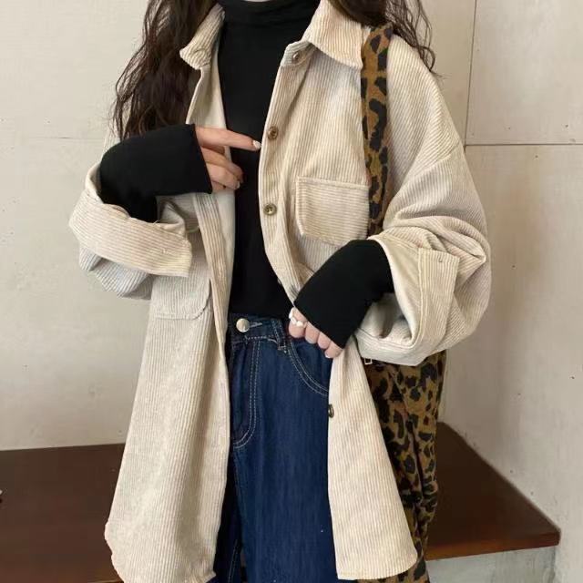 Retro corduroy shirt for women spring and autumn 2024 new Korean style loose lazy style mid-length shirt jacket top