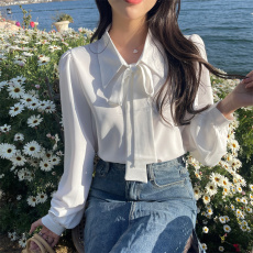 批发实拍大码白色衬衫女新款<b class='q'>春</b>秋胖MM法式别致蝴蝶结系带打底长袖上衣