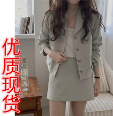 韩版 简约百搭纯色长袖西装+高腰半身裙 套装可拆