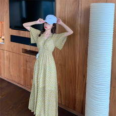 批发大码气质2026夏季雪纺过膝v领碎花连衣裙成熟女人味超仙短袖长裙