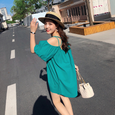 批发大码一字肩蓝色吊带连衣裙仙女超仙2026新款夏装韩版泡泡袖吊带裙