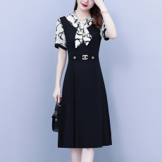 批发2026胖MM短袖<b class='q'>蝴蝶结</b>领印花拼接<b class='q'>连衣裙</b>气质优雅显瘦中年妈妈<b class='q'>连衣裙</b>