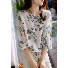 批发2025夏季仿真丝<b class='q'>雪纺</b>小衫文艺印花 显瘦蝙蝠袖圆领桑蚕丝上衣