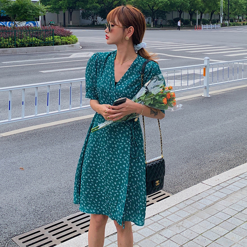FA33026# 大码女装气质牛油果绿抹茶绿森系碎花连衣裙夏小个子一片式短裙子 服裝批發女裝批發服飾貨源