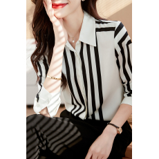 批发韩系时髦气质<b class='q'>条纹</b>雪纺<b class='q'>衬衫</b>女式2026春季小众别致休闲显瘦减龄上衣