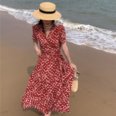 批发大码女装<b class='q'>夏季</b>法式V领性感碎花连衣裙系带收腰显瘦荷叶边过膝长裙