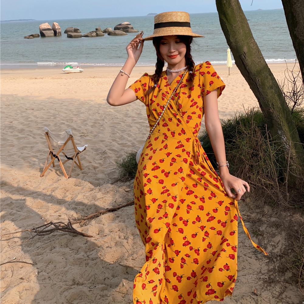MY16121#大码法式一片式裹胸收腰显瘦黄碎花桔梗裙气质海边旅游度假沙滩...