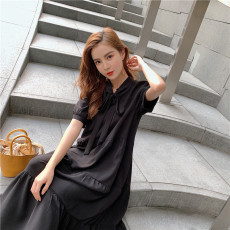 2025胖MM宽松遮肉显瘦中长款蝴蝶结领雪纺小众黑色连衣裙