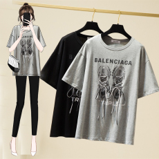 批发大码女装字母绑带鞋子宽松T恤女2022夏季新款韩版宽松半袖<b class='q'>上衣</b>潮