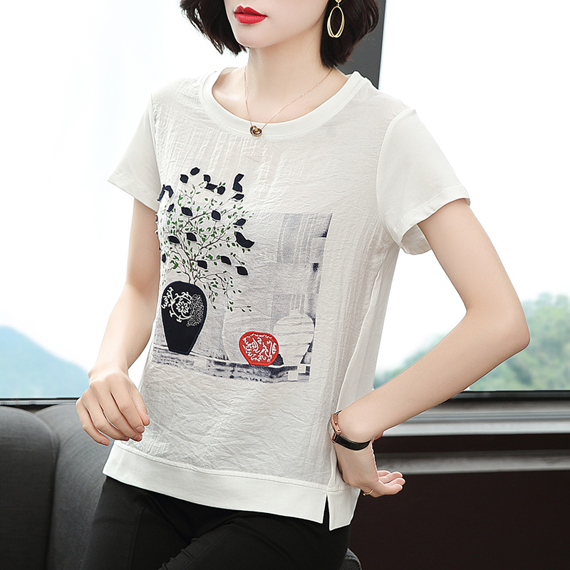 MY8065# 短袖纯棉t恤新款夏装印花白色宽松上衣半袖女裝貨源服裝批發