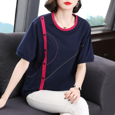 批发2026年新款中年妈妈装洋气撞色上衣<b class='q'>大码</b>宽松遮肚短袖t恤女夏装