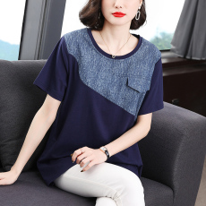 批发短袖上衣女拼接妈妈装2026年夏季新款<b class='q'>大码</b>宽松洋气中年圆领t恤