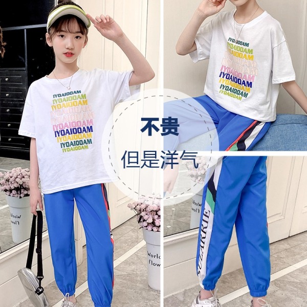 TT17#短袖印花纯棉T恤男女通用韩版中大童纯棉两件套运动套装