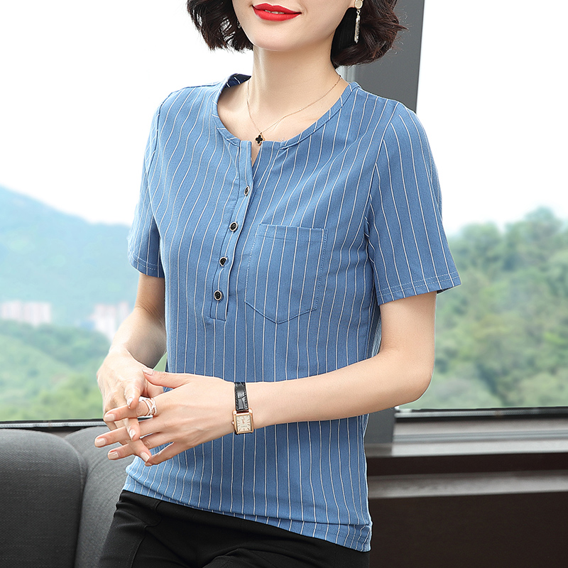 MY8076# 竖条纹女短袖t恤宽松棉大码洋气打底衫女裝貨源服裝批發