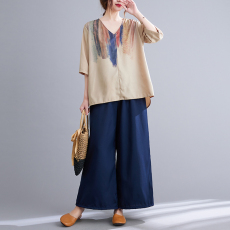 批发<b class='q'>原</b><b class='q'>单</b>折扣专柜外贸剪标<b class='q'>大牌</b>印花棉麻上衣阔腿裤复古两件套装