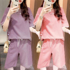 批发501#200斤<b class='q'>大码</b>休闲运动套装女夏韩版时尚宽松短袖五分中裤两件套