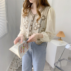 批发实拍新款针织钩花时尚小香风系扣百搭黑白格子坎肩<b class='q'>上衣</b>