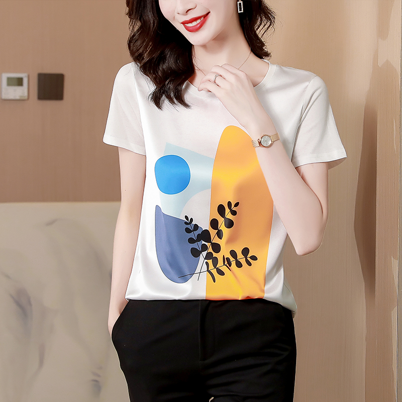 實拍輕奢洋氣真絲印花短袖t恤女 2024新款寬鬆顯瘦圓領印花T上衣