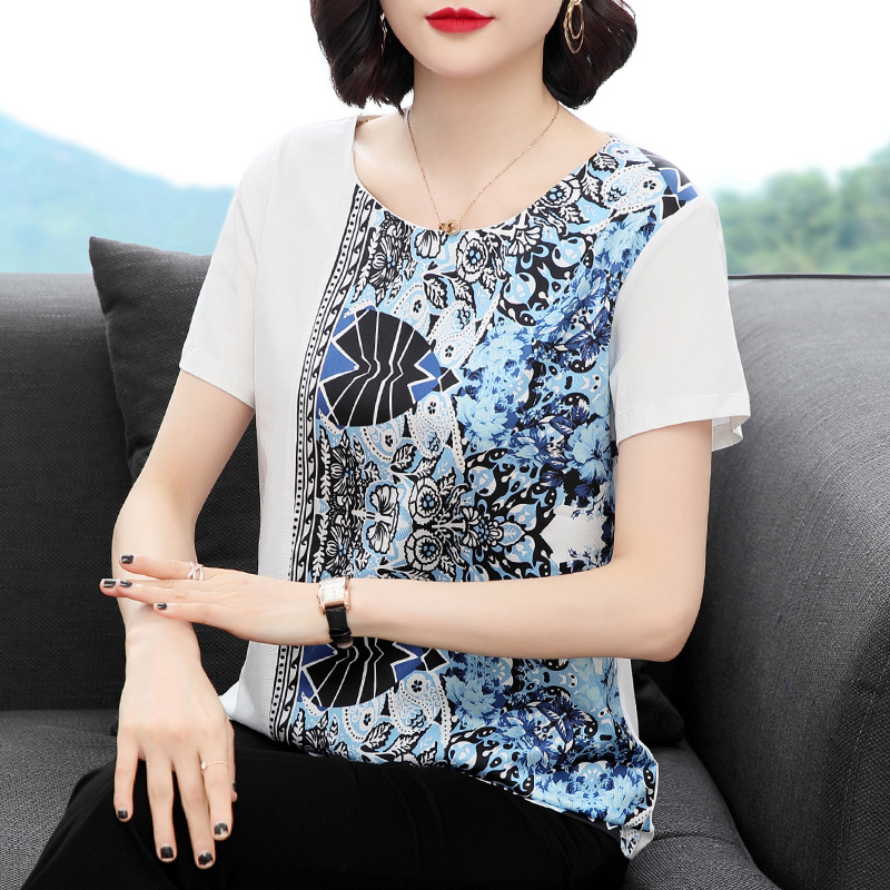 MY12686# 夏季新款女士上衣宽松洋气时尚小衫中年纯棉拼接印花t恤夏女...