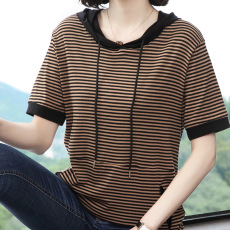 批发条纹短袖t恤女2026年夏季新款韩版半袖宽松<b class='q'>大码</b>中年妈妈连帽上衣