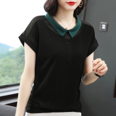 批发妈妈冰丝上衣t恤2026夏装新款中年女士短袖黑色撞色带领<b class='q'>大码</b>宽松