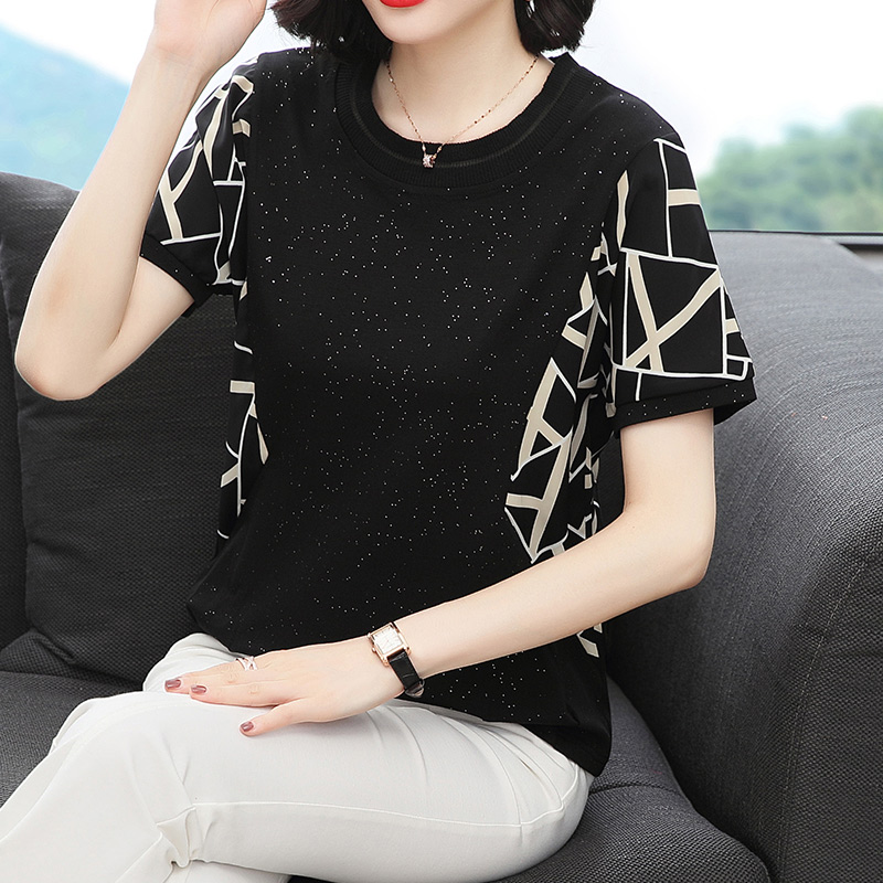 MY12681# 短袖t恤女夏装新款年大码女装中年妈妈上衣t桖黑色时尚小衫...