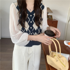 批发新款菱形格刺绣钩花镂空灯笼袖衬衫宽松长袖<b class='q'>上衣</b>