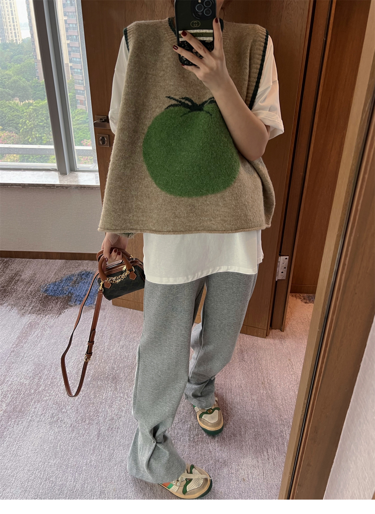 事事如意针织毛衣自然卷边可爱青番茄西红柿图案羊毛针织马甲背心_语
