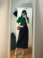 开叉牛仔半身裙女春秋2022新款深蓝色复古高腰包臀中长款a字裙子