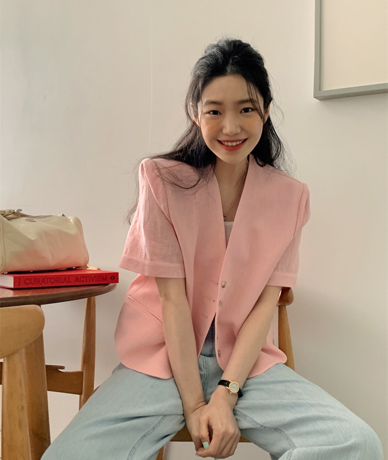 ins 레트로 미니멀리즘 다용도 V넥 싱글 줄 버튼 루즈핏 다용도 작은 키 반팔 면 린넨 셔츠 맨위