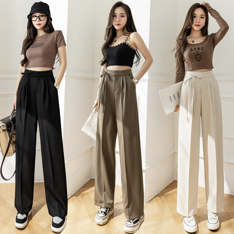 High-waisted lace-up suit wide-leg trousers for women spring and summer new style loose straight casual floor-length trousers