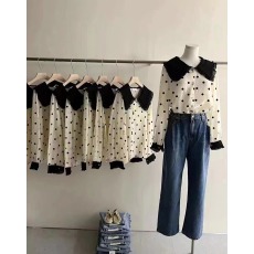 批发春<b class='q'>秋</b>季荷叶边领撞色波点衬衫原宿风时尚波点宽松衬衣女夏季