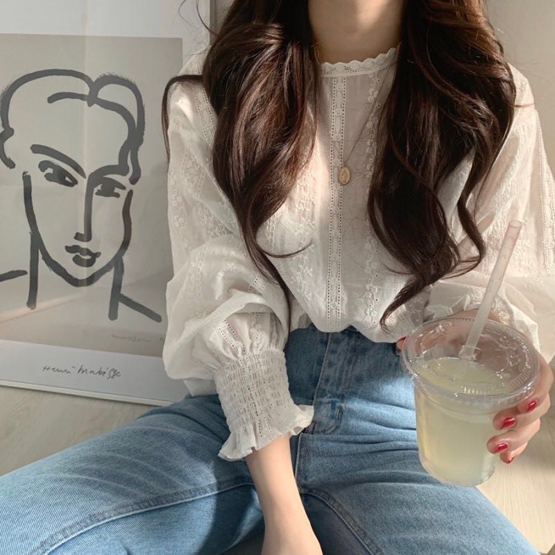 재고 있음 품격 달콤함 다용도 레이스 자수 셔츠
