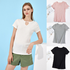 批发跨境2022速卖通亚马逊新款坑条圆领半袖人棉螺纹T恤针织衫上衣女