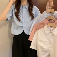批发实价实拍 夏季新款韩版洋气设计感打褶短款减龄短袖衬衫