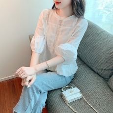 批发白色<b class='q'>雪纺</b><b class='q'>衬衫</b>女设计感小众夏装2026年新款蕾丝镂空别致七分袖上衣