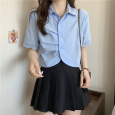 批发实拍实价 夏季新款韩版洋气设计感打褶短款减龄<b class='q'>短袖</b><b class='q'>衬衫</b>