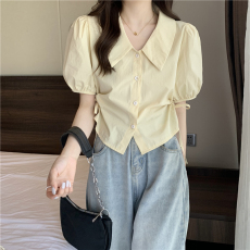 实拍实价 夏季新款韩版洋气设计感抽绳绑带短款减龄衬衫