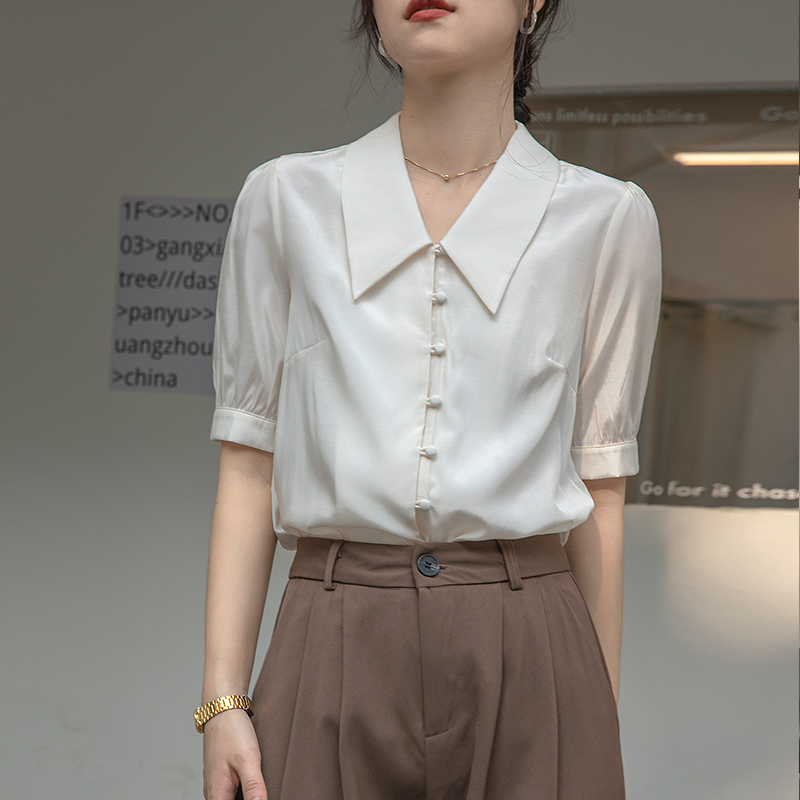 2024 real shot new short-sleeved shirt for women with niche design, puff-sleeved top, French retro shirt, thin style for women