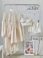 DoggyQin 仙女也要睡觉/蕾丝泡泡袖丝绒天丝睡衣三件套装带胸垫