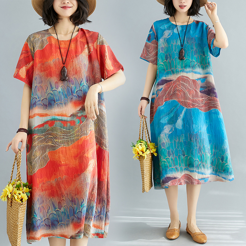 RY238# 实拍2026夏季新款文艺宽松显瘦中长款印花连衣裙女装