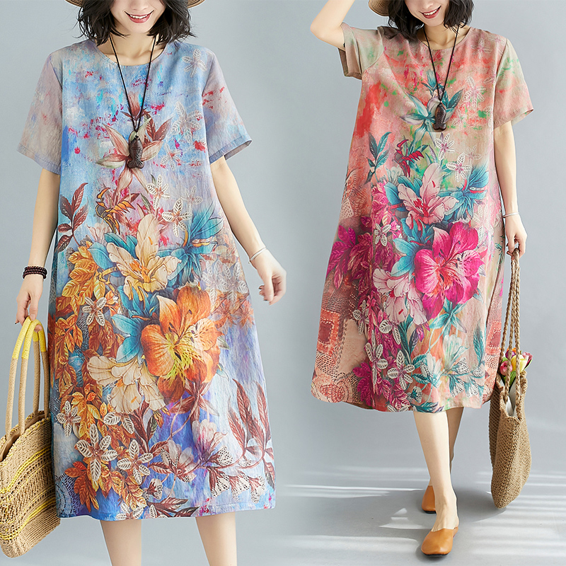 RY236# 实拍2026夏季新款文艺宽松显瘦中长款印花连衣裙女装