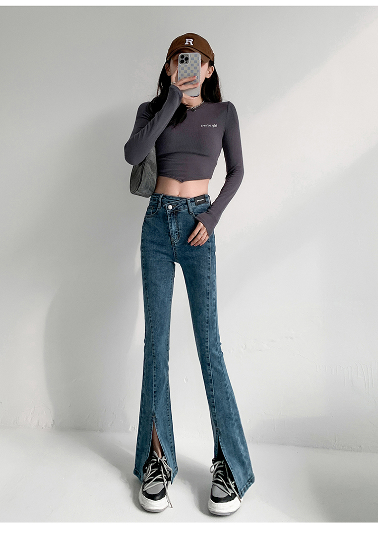 2022春夏超高腰开叉牛仔裤女韩版显高阔腿高个子拖地喇叭裤子_沫可可