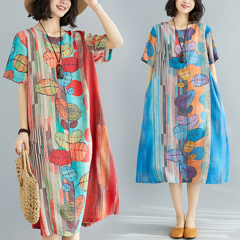 RY237# 实拍2026夏季新款文艺宽松显瘦中长款印花连衣裙女装