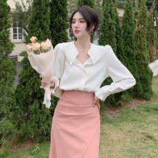 实拍 2022春季大码胖MM温柔气质粉色半身裙+白色衬衫
