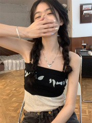 實拍  新款小眾未來感印花吊帶拼接背心