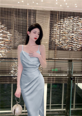 Real shot French blue suspender dress satin texture high-end slim temperament women's summer design niche