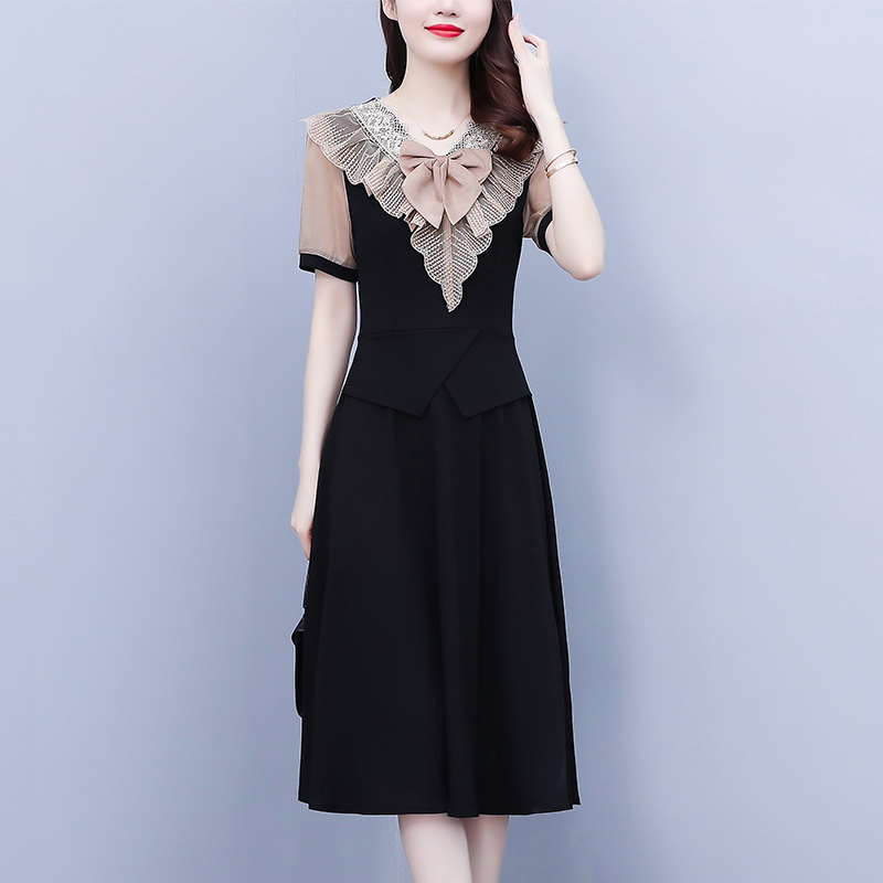 MY1331# 夏季蕾丝V领拼接阔太太妈妈装时尚气质减龄假两件连衣裙女裝貨源服裝批發